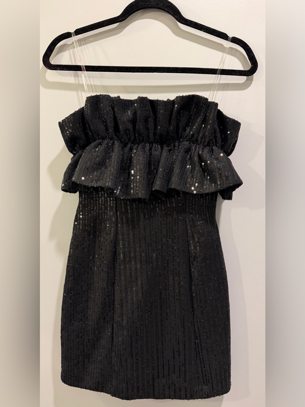 DO+BE Strapless Ruffle Detail Sequin Mini Cocktail Dress Size S Black